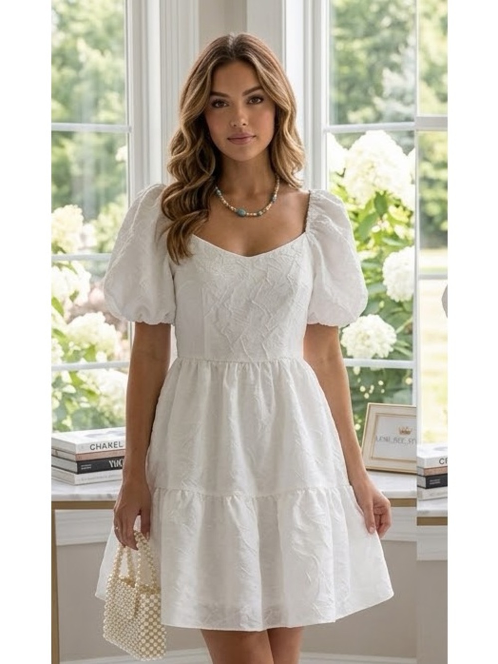 Women's White Backless Puff-Sleeve Mini Dress with Tie-Back